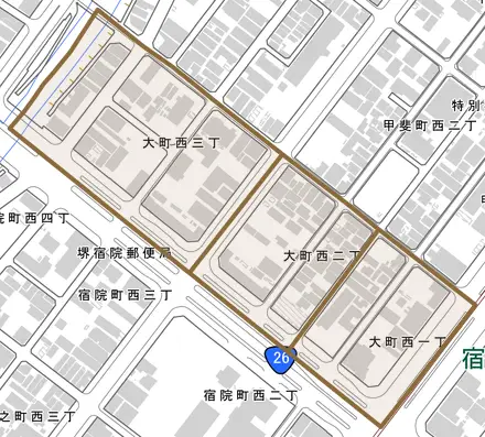 大町西とその周辺の地図。町の範囲を重ねている