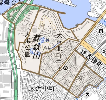 大浜北町とその周辺の地図。町の範囲を重ねている