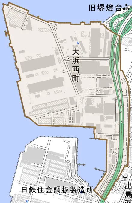 大浜西町とその周辺の地図。町の範囲を重ねている