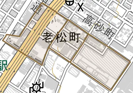老松町とその周辺の地図。町の範囲を重ねている