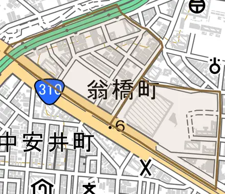 翁橋町とその周辺の地図。町の範囲を重ねている