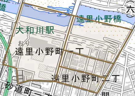遠里小野町とその周辺の地図。町の範囲を重ねている