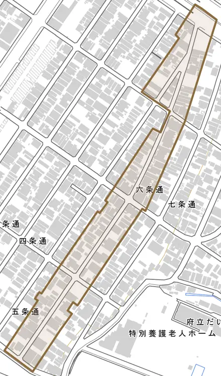 六条通とその周辺の地図。町の範囲を重ねている
