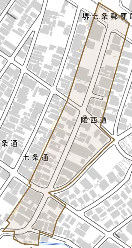 陵西通とその周辺の地図。町の範囲を重ねている