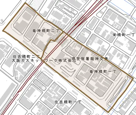 竜神橋町とその周辺の地図。町の範囲を重ねている