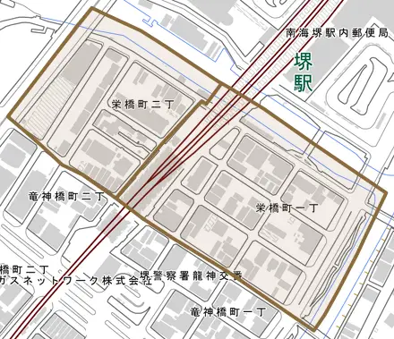 栄橋町とその周辺の地図。町の範囲を重ねている