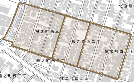 桜之町西とその周辺の地図。町の範囲を重ねている
