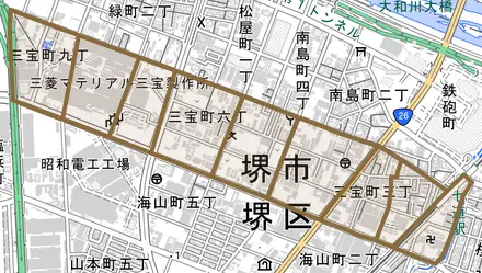 三宝町とその周辺の地図。町の範囲を重ねている