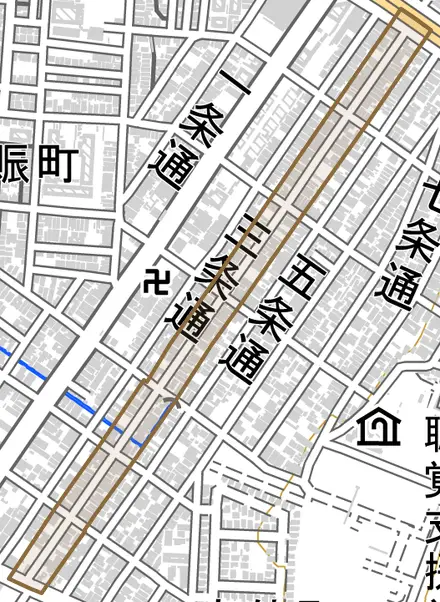 三条通とその周辺の地図。町の範囲を重ねている