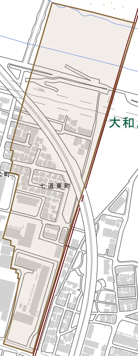 七道東町とその周辺の地図。町の範囲を重ねている