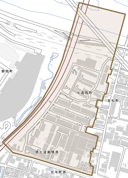 七道西町とその周辺の地図。町の範囲を重ねている