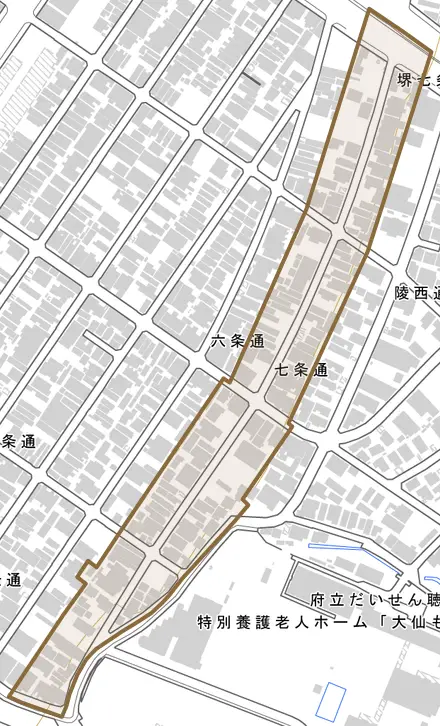 七条通とその周辺の地図。町の範囲を重ねている