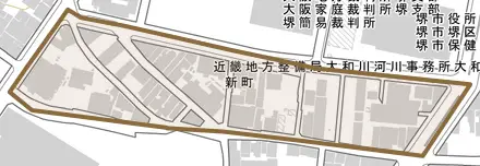 新町とその周辺の地図。町の範囲を重ねている