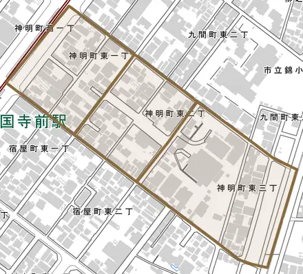 神明町東とその周辺の地図。町の範囲を重ねている