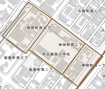 神明町西とその周辺の地図。町の範囲を重ねている