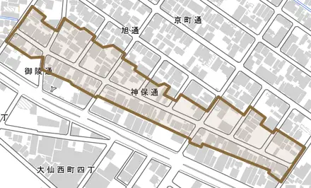 神保通とその周辺の地図。町の範囲を重ねている