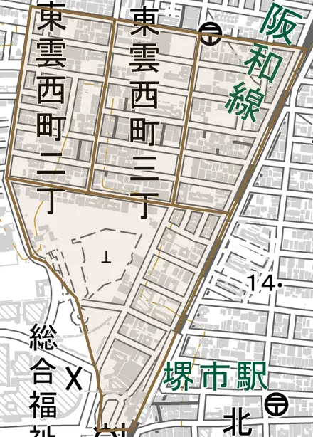 東雲西町とその周辺の地図。町の範囲を重ねている