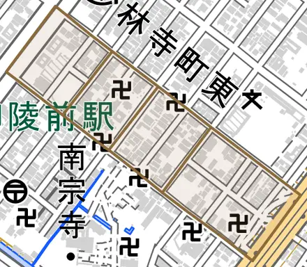 新在家町東とその周辺の地図。町の範囲を重ねている