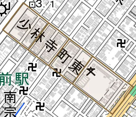 少林寺町東とその周辺の地図。町の範囲を重ねている