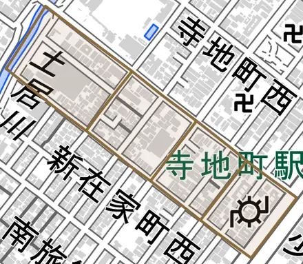 少林寺町西とその周辺の地図。町の範囲を重ねている