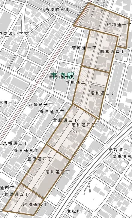 昭和通とその周辺の地図。町の範囲を重ねている