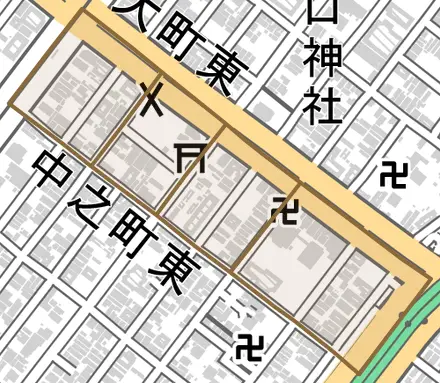 宿院町東とその周辺の地図。町の範囲を重ねている