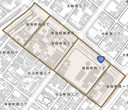 宿院町西とその周辺の地図。町の範囲を重ねている