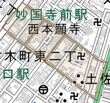 宿屋町東とその周辺の地図。町の範囲を重ねている