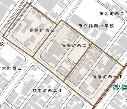 宿屋町西とその周辺の地図。町の範囲を重ねている