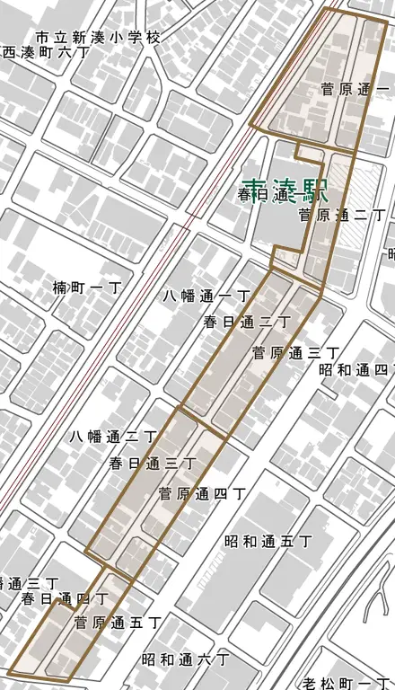 菅原通とその周辺の地図。町の範囲を重ねている