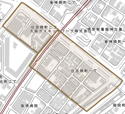住吉橋町とその周辺の地図。町の範囲を重ねている