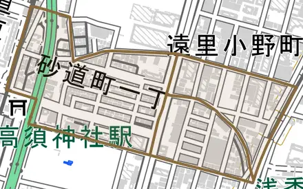 砂道町とその周辺の地図。町の範囲を重ねている
