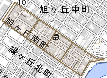 旭ヶ丘南町とその周辺の地図。町の範囲を重ねている