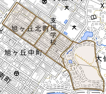 旭ヶ丘北町とその周辺の地図。町の範囲を重ねている