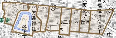 北三国ヶ丘町とその周辺の地図。町の範囲を重ねている