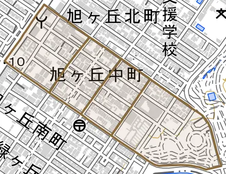 旭ヶ丘中町とその周辺の地図。町の範囲を重ねている
