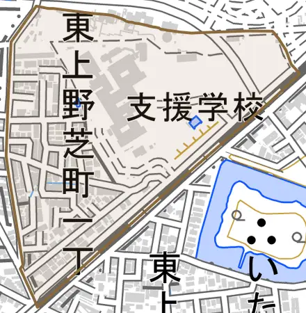 東上野芝町とその周辺の地図。町の範囲を重ねている