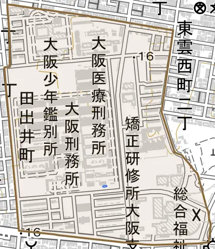 田出井町とその周辺の地図。町の範囲を重ねている