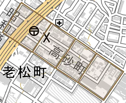 高砂町とその周辺の地図。町の範囲を重ねている