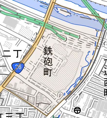 鉄砲町とその周辺の地図。町の範囲を重ねている
