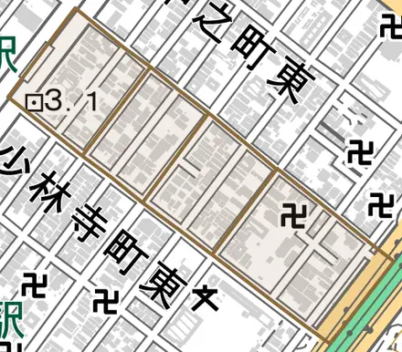 寺地町東とその周辺の地図。町の範囲を重ねている