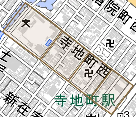 寺地町西とその周辺の地図。町の範囲を重ねている