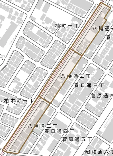 八幡通とその周辺の地図。町の範囲を重ねている
