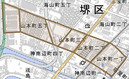 山本町とその周辺の地図。町の範囲を重ねている
