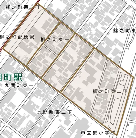 柳之町東とその周辺の地図。町の範囲を重ねている