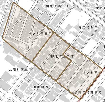 柳之町西とその周辺の地図。町の範囲を重ねている