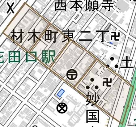 材木町東とその周辺の地図。町の範囲を重ねている