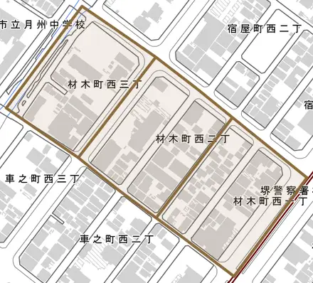 材木町西とその周辺の地図。町の範囲を重ねている