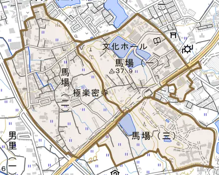 馬場とその周辺の地図。町の範囲を重ねている