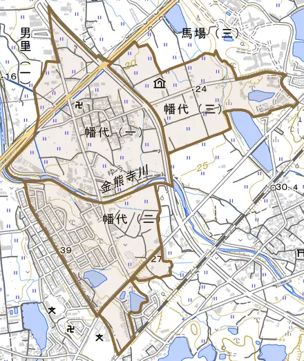 幡代とその周辺の地図。町の範囲を重ねている
